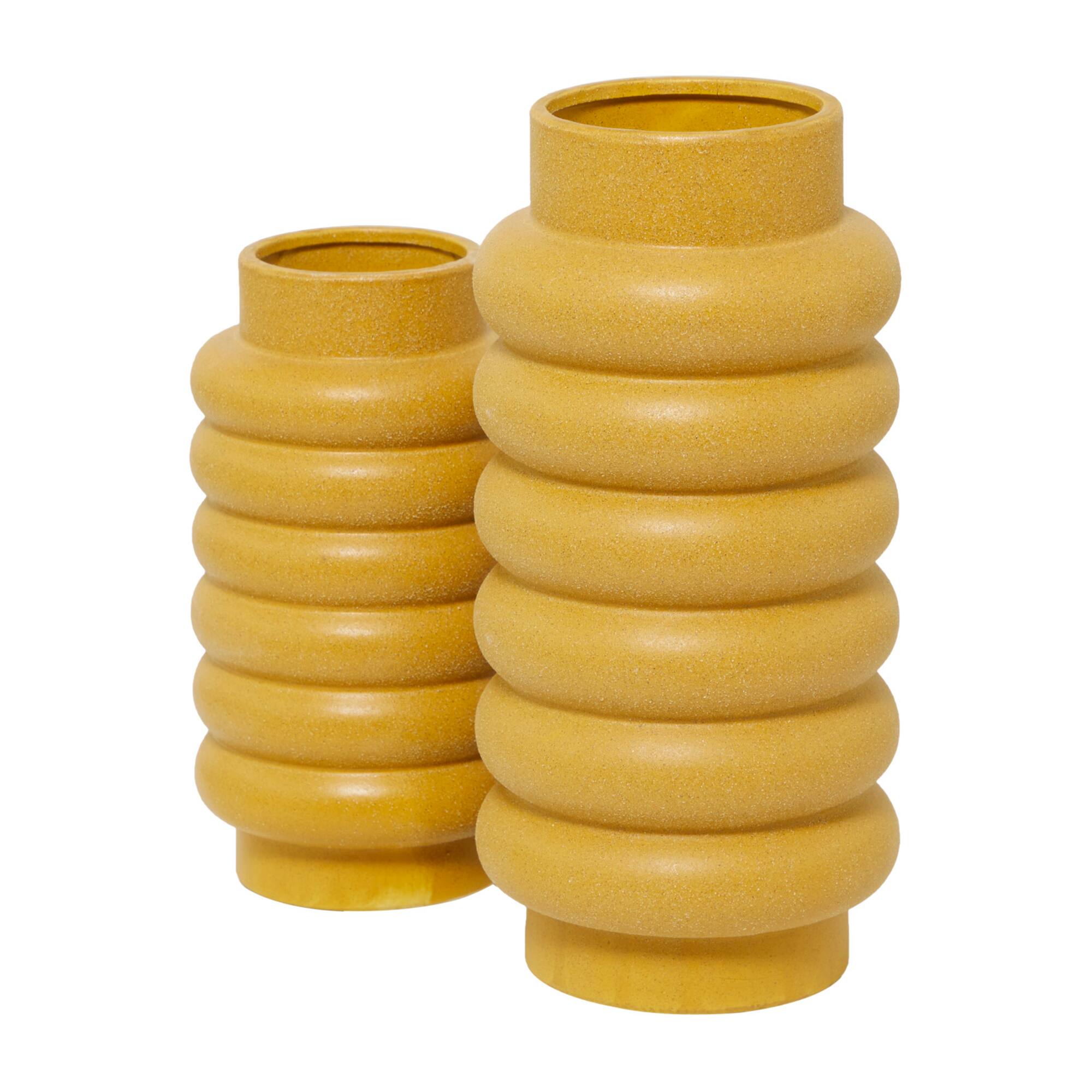 CosmoLiving by Cosmopolitan Yellow Ceramic Vase with Ring Ribbing Set of 2 16", 12"